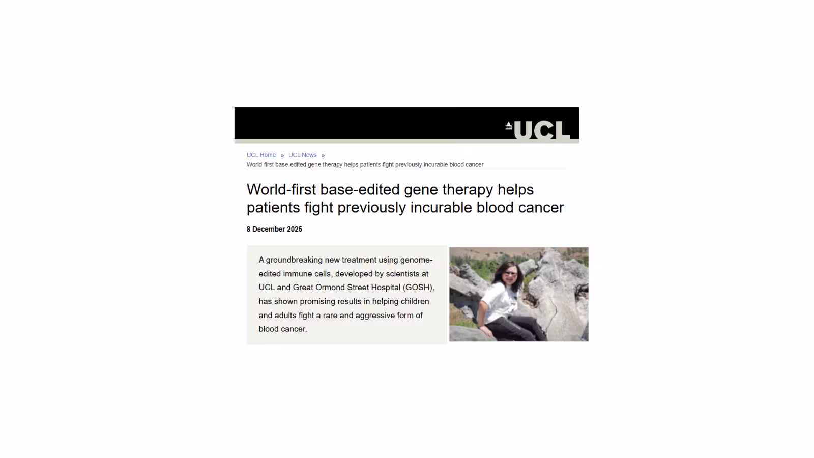 Screenshot of UCL press release