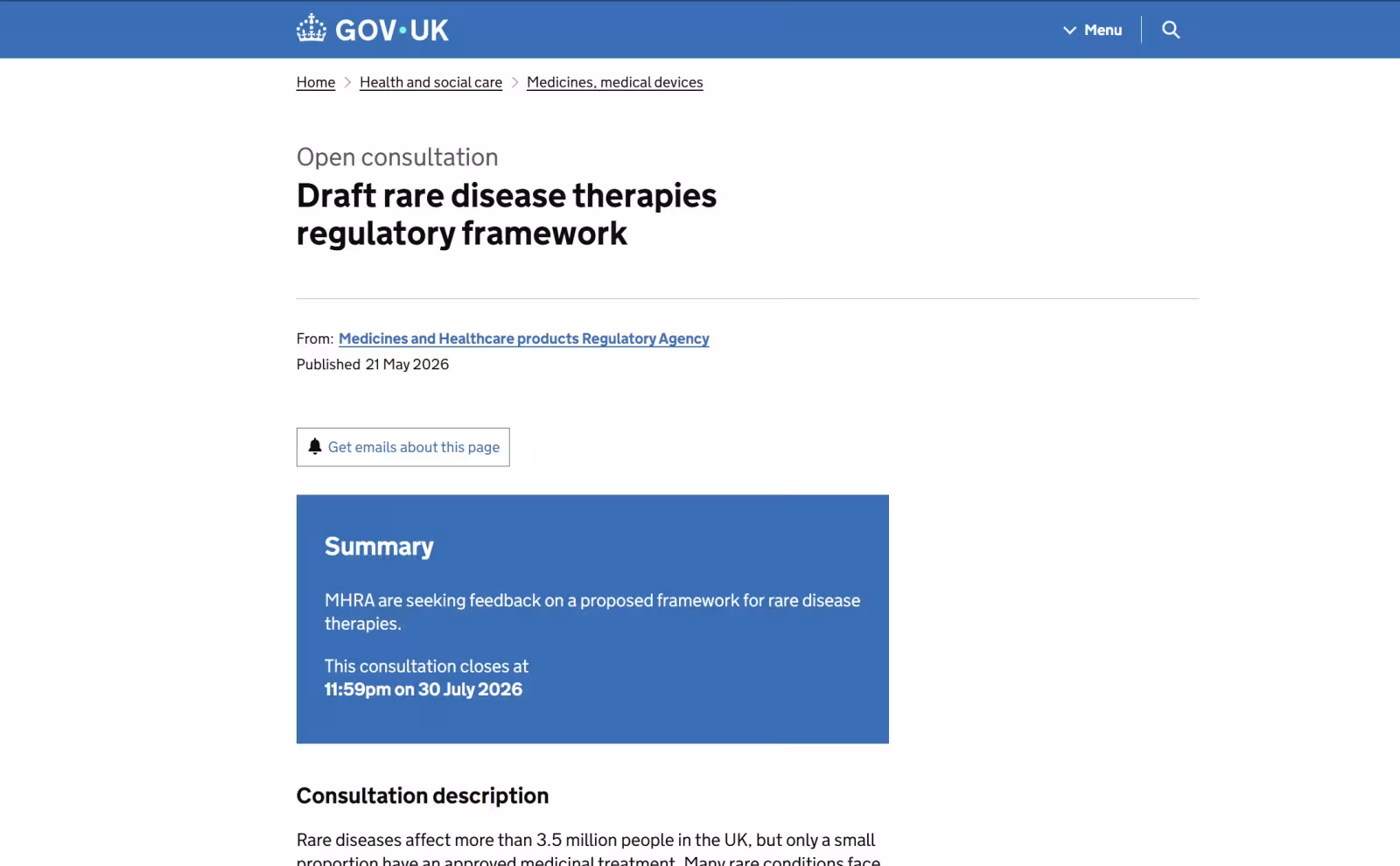 Screenshot of MHRA consultation web page