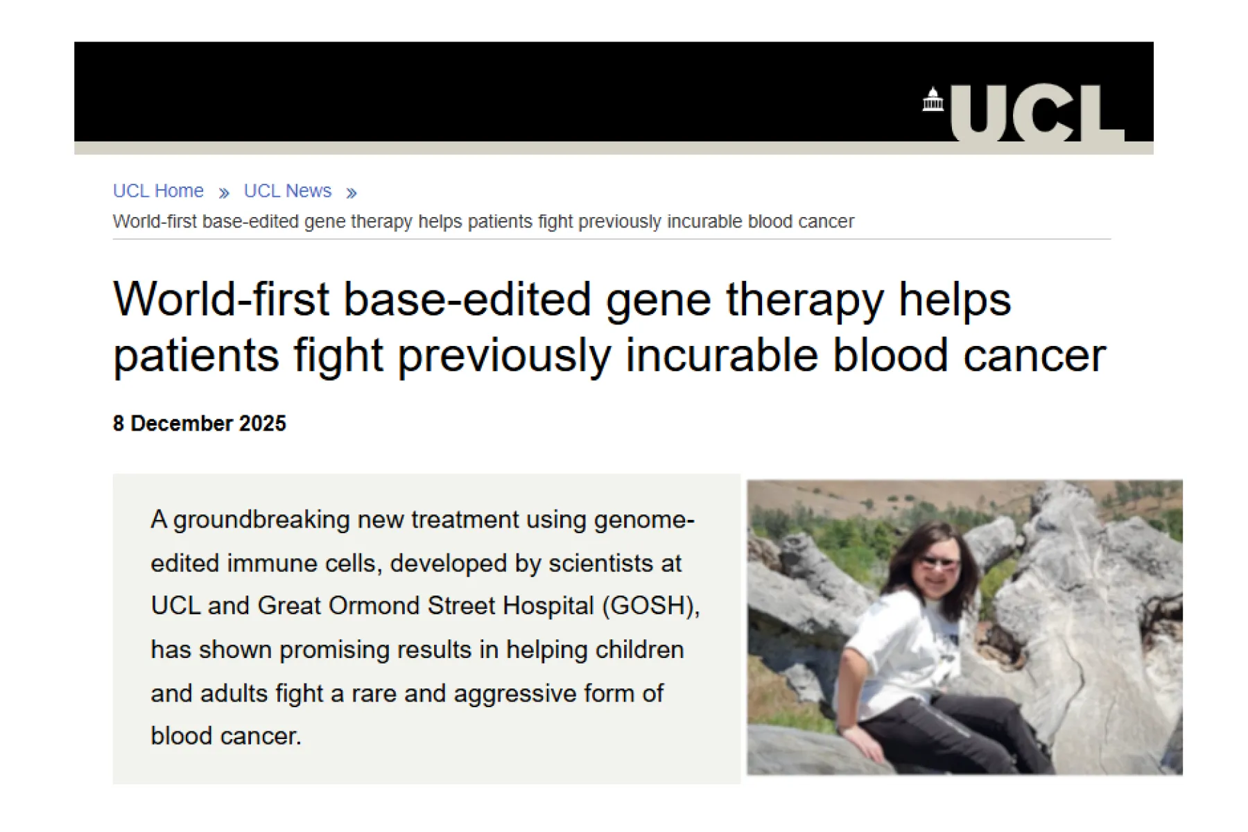 Screenshot of UCL press release