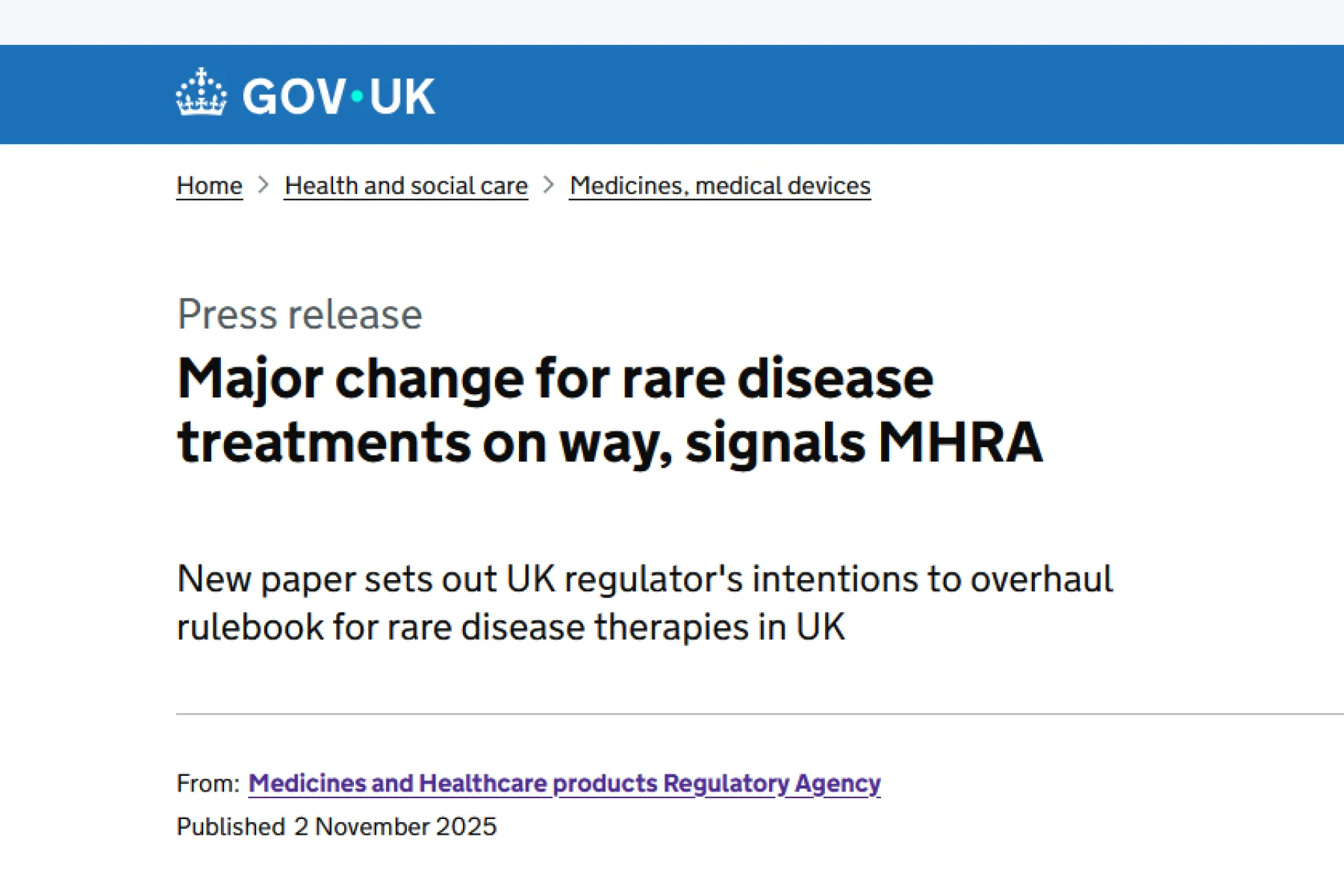 Screenshot of gov.uk website headline