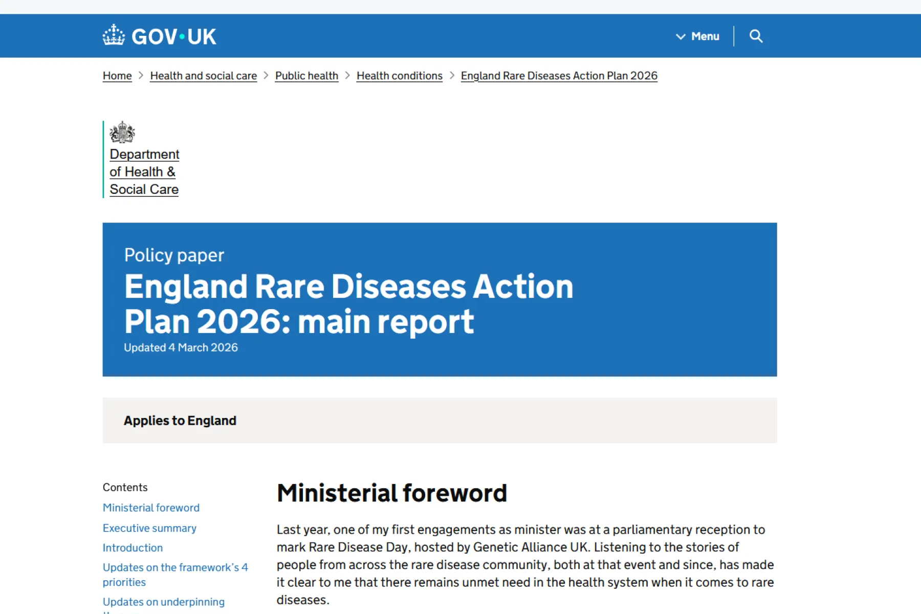 Screenshot of policy paper on gov.uk website