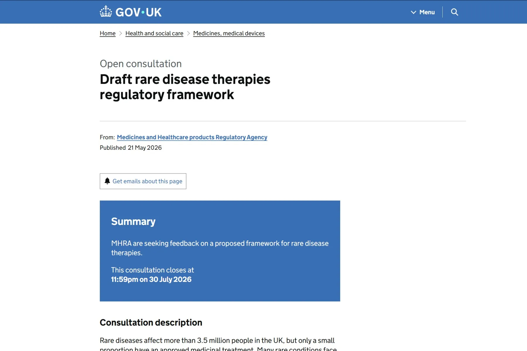 Screenshot of MHRA consultation web page